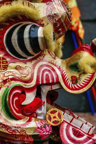 Close-up image of a vibrant and colorful Chinese dragon costume used in the New Year celebrations, showcasing intricate patterns and festive designs in Hong Kong