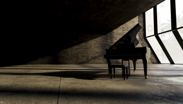 A grand piano in a spacious, empty minimalist room with geometric windows letting in soft natural light, creating dramatic shadows on the concrete flooring