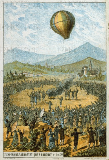 Joseph-Michel and Jacques-Etienne Montgolfier, French brothers, inventors of the hot-air balloon. From a trading card commemorating the centenary of their first public demonstration in Annonay on 4 June 1783. Aviation Flying Aviation Ballooning