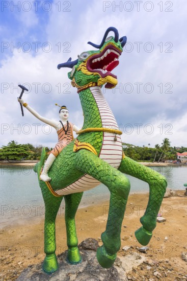 Sculptures at Wat Phra Yai, Buddhist temple, religion, Buddhism, figure, statue, sculpture, worship, God, sacred, world religion, spiritual, Buddha, Asian, deity, dragon, human figure, image, religious, travel, tourism, art, history, cultural history, cult, icon, public, Koh Samui, Thailand