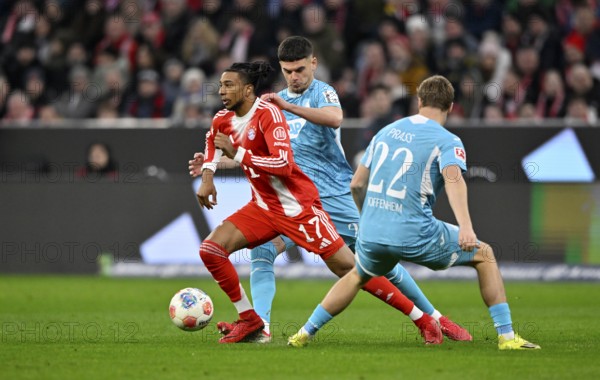 Duel, action Michael Olise FC Bayern Munich FCB (17) against Alexander Prass TSG 1899 Hoffenheim (22) Ozan Kabak TSG 1899 Hoffenheim (05) Soccer Bundesliga, Allianz Arena, Munich, Bavaria, Germany