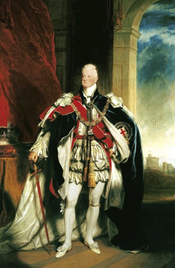 William IV (1765-1837), 1833, King of the United Kingdom (1830-1837) . Portrait of William in the Order of the Garter by Sir Martin Archer Shee (1769-1850) . Crown on the table, Windsor Castle through the arch on the right