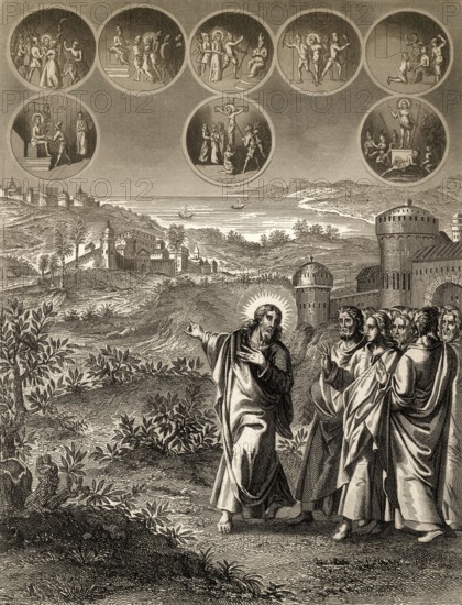 Jesus predicting his own death, New Testament, steel engraving 1853, digitally restored