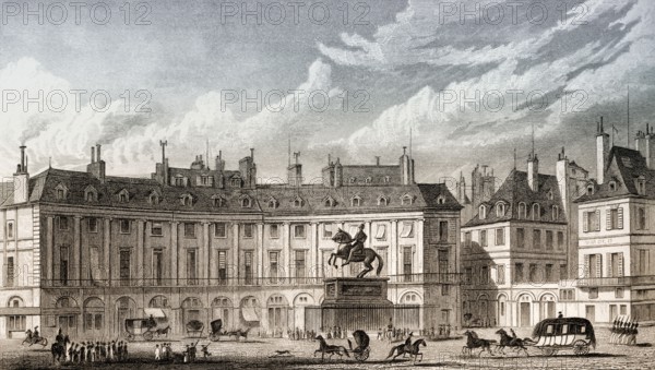 Place des Victoires with statue of Louis XIV., Paris, antique steel engraved print, 1831