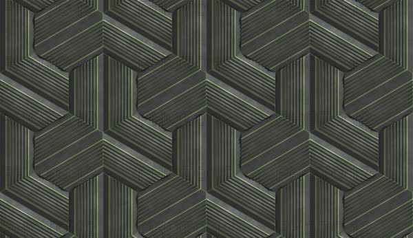 This 3D illustration showcases a mesmerizing hexagon stripes pattern with deep green tones. The geometric design creates a captivating visual texture suitable for modern backgrounds