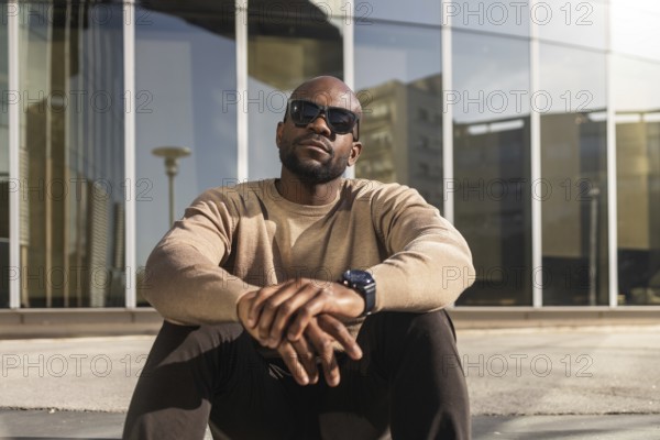 A confident cuban man wearing sunglasses and a casual beige sweater sits outdoors against a modern glass building, enjoying a sunny day with a relaxed and stylish demeanor