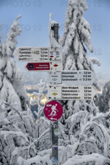 Signpost near the Hornisgrinde, snow, near Sasbach, Ortenaukreis, Black Forest, Baden-Württemberg, Germany