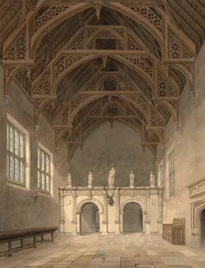 Interior View of the Hall at Rushton, Northamptonshire, England, digitally restored reproduction of a 19th-century original by John Buckler, Record date not stated, Interior View of the Hall at Rushton, digitally restored reproduction of a 19th-century original, Record date not stated