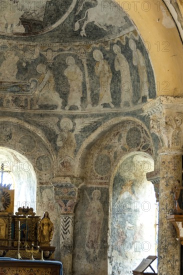 Aubazat. Wall paintings of the Romanesque style in Saint-Barthélemy chapel located in Peyrusse, Haute-Loire, Auvergne-Rhone-Alpes, Franc