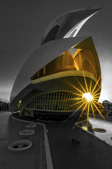 Palau de les Arts, Cuitat de les Arts i les Ciences, sunset, backlight, modern architecture, Valencia, Spain