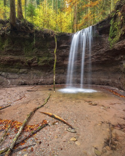 The front waterfall of the Hörschbach in autumn, Hörschbachtal, Hörschbachschlucht, Swabian-Franconian Forest nature park Park, Baden-Württemberg, Germany