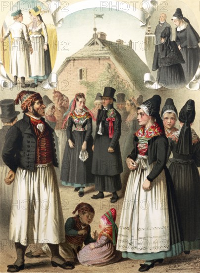 Traditional costumes in Germany around 1820, Province of Rügen, Mönchgut, woman and men in traditional, historical clothing with headgear in a group picture, digitally retouched reproduction of a model from around 1850, by Albert Kretschmer (27 February 1825, 11 July 1891), German painter and traditional costume expert