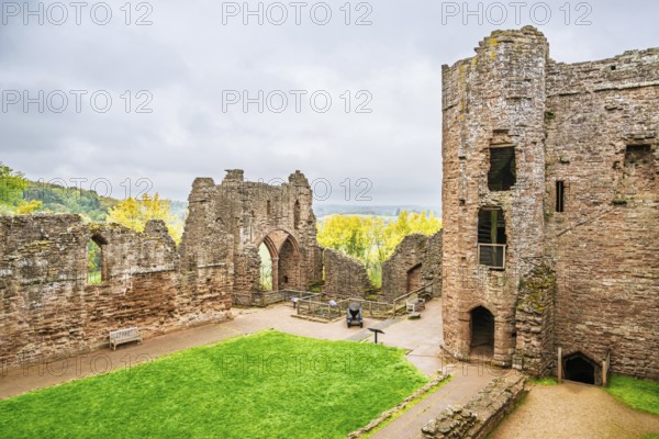Autumn colors over Goodrich Castle, River Wye, Goodrich, Herefordshire, UK