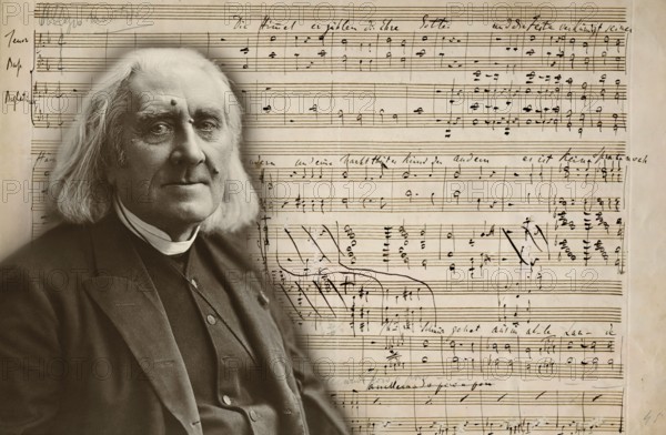 Portrait of Franz Liszt, 1811-1886, Hungarian composer, virtuoso pianist, photograph by Nadar, Psalm XVIII, Die Himmel erzählen die Ehre Gottes, manuscript in Liszt's handwriting