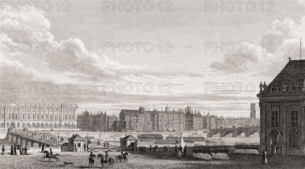 View of Paris, the Institut de France, Paris, antique steel engraved print, 1831