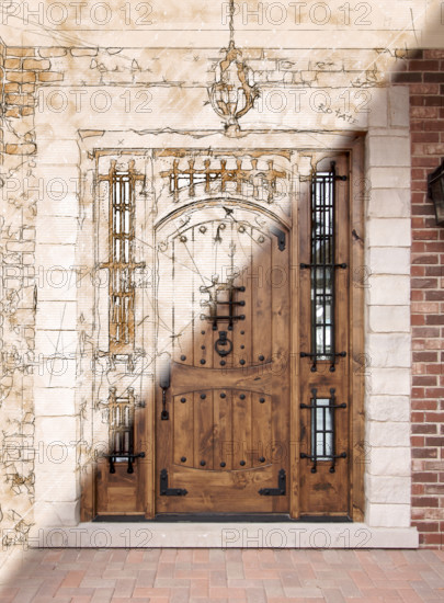 Artist Rendering Sketch of Beautiful Luxury Residential Front Door with Photographic Cross Section Showing Completion