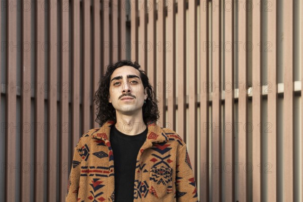 Portrait of a confident man with a mustache, wearing a patterned jacket, standing against a modern beige urban backdrop The image captures a contemporary lifestyle vibe