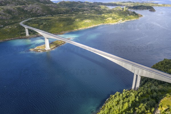 Concrete bridge Raftsundbrua, spanning the Raftsund, the waterway between Lofoten and Vesteralen island, aerial view, Norway