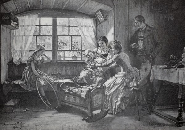 Visiting the mother with her newborn. The guests admire the baby they have lifted from the cradle, Bauenhaus, 1890, Germany, authentic, digitally restored reproduction from a 19th century model, exact date of depiction unknown, historical, family united in the living room, with loving interactions in a cozy interior