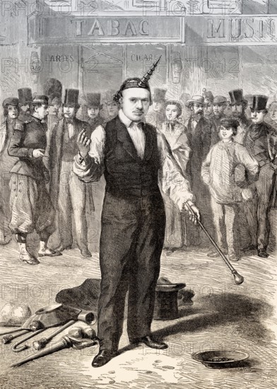 Open air show, Baton player, Paris, France, 1862