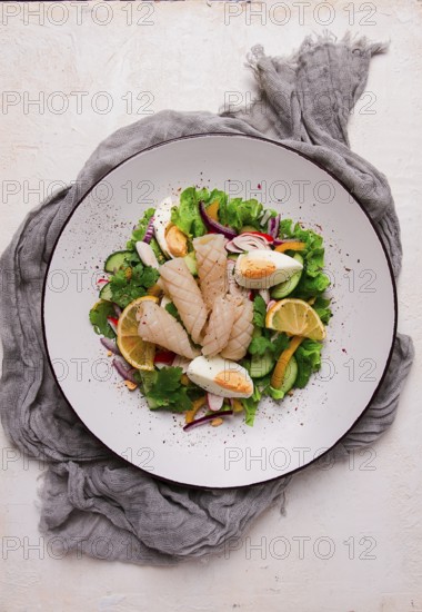 Salad of squid and vegetables, with egg, homemade, no people