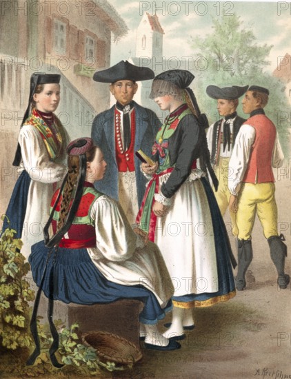 Traditional costumes in Germany around 1820, Württemberg, Betzingen, group of people in traditional dress in front of a house in the village, digitally retouched reproduction of a model from around 1850, by Albert Kretschmer (27 February 1825, 11 July 1891), German painter and costumier