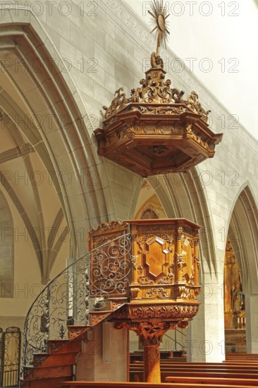 Pulpit with wood carving and decorations, arts and crafts, interior view, Our Lady, Minster, Radolfzell, Untersee, Lake Constance, Lake Constance region, Hegau, Baden-Württemberg, Germany