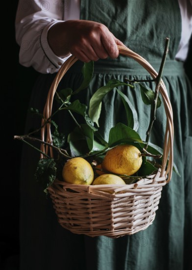 A close up of a wicker basket filled with fresh, ripe lemons, held by a person wearing a green apron. The vibrant yellow contrasts beautifully with the rustic basket
