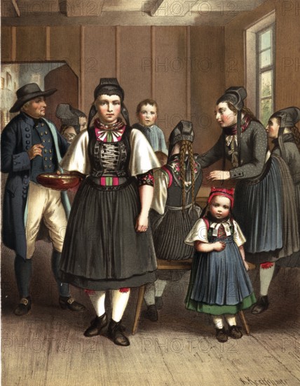 Traditional costumes in Germany around 1820, Grand Duchy of Hesse, Biedenkopf, group of people in traditional Bavarian traditional costume in an interior, digitally retouched reproduction of a model from around 1850, by Albert Kretschmer (27 February 1825, 11 July 1891), German painter and costume expert