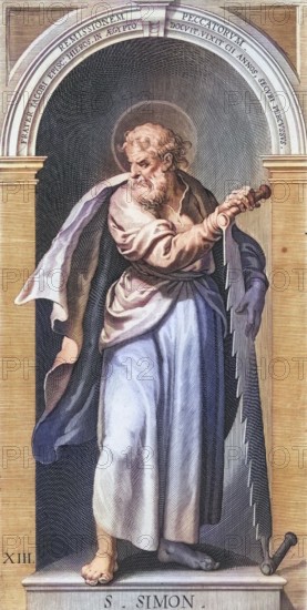 Simon Zelotes, was an apostle of Jesus Christ, saint, St. Simon, coloured woodcut, digital reproduction of a 19th century original, Historical
