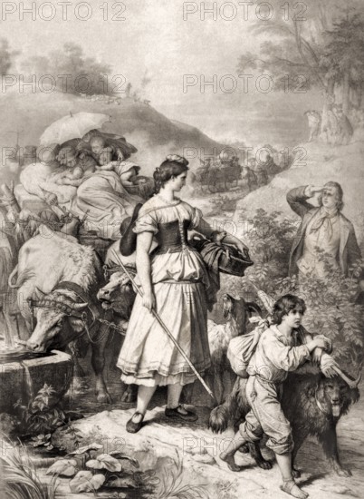 Hermann meets Dorothea on her flight, Hermann and Dorothea, an epic poem by Johann Wolfgang von Goethe, after Wilhelm von Kaulbach