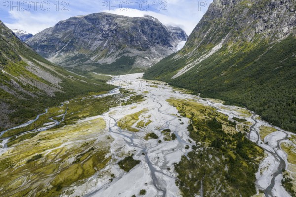 The widely branching arms of river Jostedalsola, Jostedal river, a glacial river originating in the Jostedalsbreen glacier, aerial view, Norway