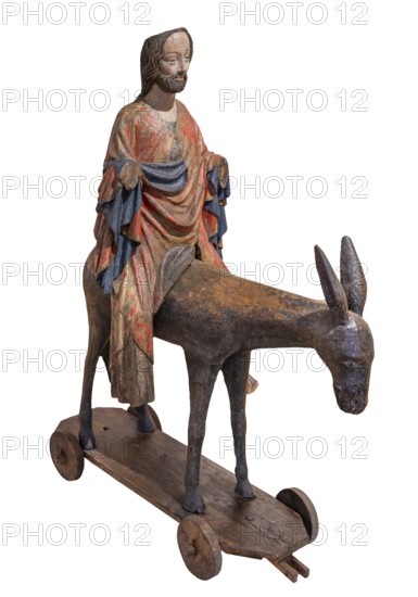 Palm tree donkey, wooden figure from around 1380, painted on a dark background, Hohenzollerisches Landesmuseum, Hechingen, Baden-Württemberg, Germany