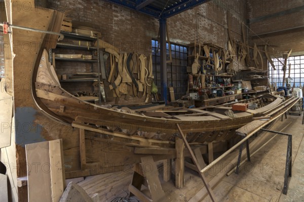 Construction of a gondola in a shipyard, Giudecca, Veneto, Italy