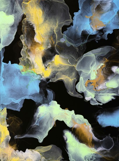 Vibrant swirls of neon blue, yellow, and green blend into organic shapes on a dark black background, creating a mysterious and mesmerizing abstract art piece