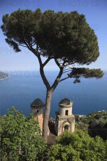 View from Villa Rufolo of the Gulf of Salerno and the towers of the Church of Chiese dell Annunziata, Campania, Italy