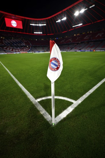 CL, Champions League evening, Allianz Arena, interior, corner flag, logo, scoreboard, pitch, Munich, Bayern, Germany