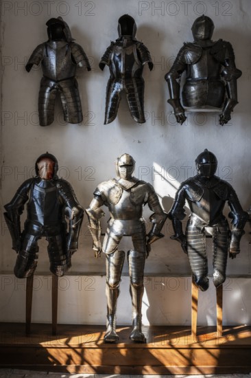 Knights' armour in the armoury in the historic Meersburg Castle, museum, place of interest, Lake Constance, Lake Constance district, Baden-Württemberg, Germany