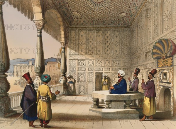 Interior of the palace of Shauh Shujah Ool Moolk, late King of Kabul, R. Carrick lith., Day and son lithrs to the QueenMen in the decorated palace of Shah Shujah Ool Moolk, Afghanistan. Coloured lithograph by R. Carrick after Lieutenant James Rattray, c. 1847.Rattray, James, 1818-1854