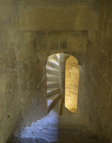 Stone spiral staircase up to the tower in the Cathar castle of Quéribus, Cucugnan, Département Aude, France