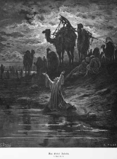 Bible, Jacob's prayer, Genesis, 32, 9, Moses, Old Testament, Genesis, waterhole, bank, towards heaven, camels, people, historical illustration 1885