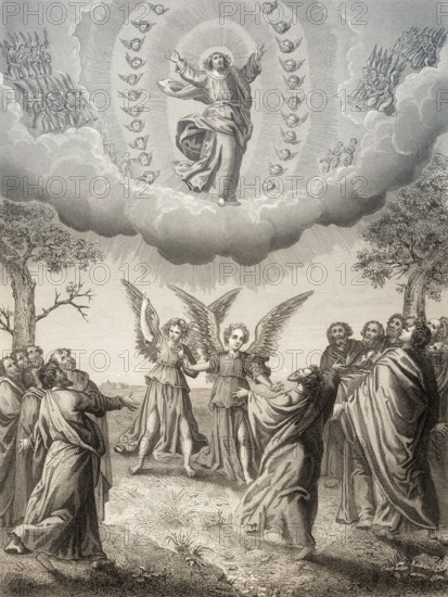 The ascension of Jesus, Resurrection of Jesus, New Testament, steel engraving 1853, digitally restored