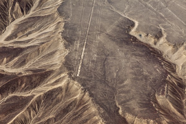 Geoglyphs and lines recorded on sandy soil from an elevated position, The geoglyphs and drawings in the desert near Nasca and Palpa in Peru