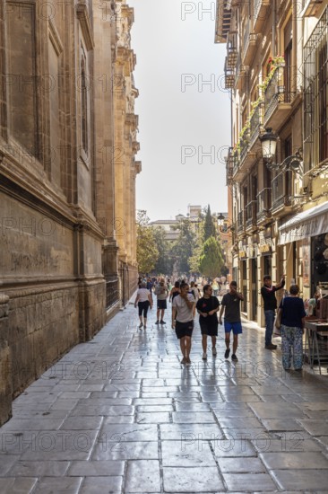 People stroll through a narrow, sunny alley with historic buildings, Granada