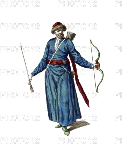 Historical clothing, fashion over time, traditional costume of a Tartar from the Crimea, 18th century, Russia, digitally restored reproduction of a model from the 18th/19th century, exact date unknown, man in traditional clothing with bow and quiver, showing himself as an archer