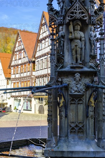 Late Gothic market fountain from around 1500, Bad Urach, Swabian Alb, Baden-Württemberg, Germany