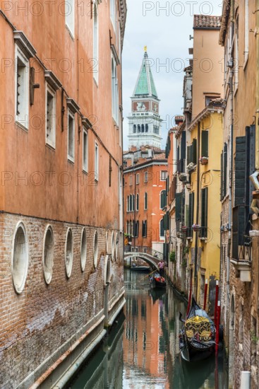 Campanile with canal, gondola, old town, architecture, tourism, city trip, Venice, Italy