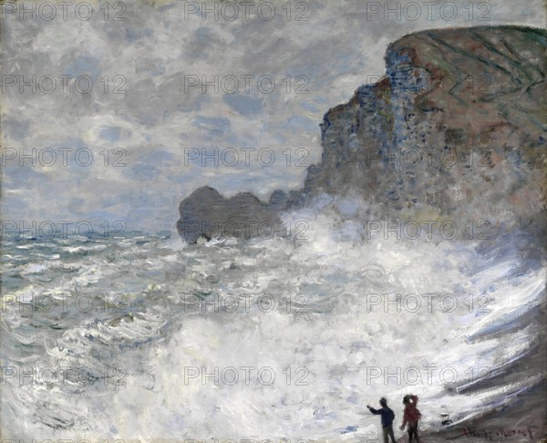 Claude Monet (b. 14 November 1840 in Paris as Oscar-Claude Monet, d. 5 December 1926) important French painter, Impressionist style. Here is his work, Rough weather at Étretat (1883), Stormy weather at Etretat (1883), Stormy waves crashing against a rocky coast under a cloudy sky