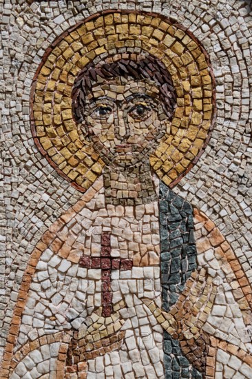 Mosaic of St. James on a house wall, Way of St. James, Vézelay, Département Yonne, Region Bourgogne-Franche-Comté, Burgundy, France