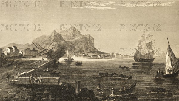 Messina, Sicily, Italy, busy shipping, three-master, mountains, pier, buildings on the shore, people, Strait of Messina, Mediterranean Sea, building, steel engraving, historical illustration 1834